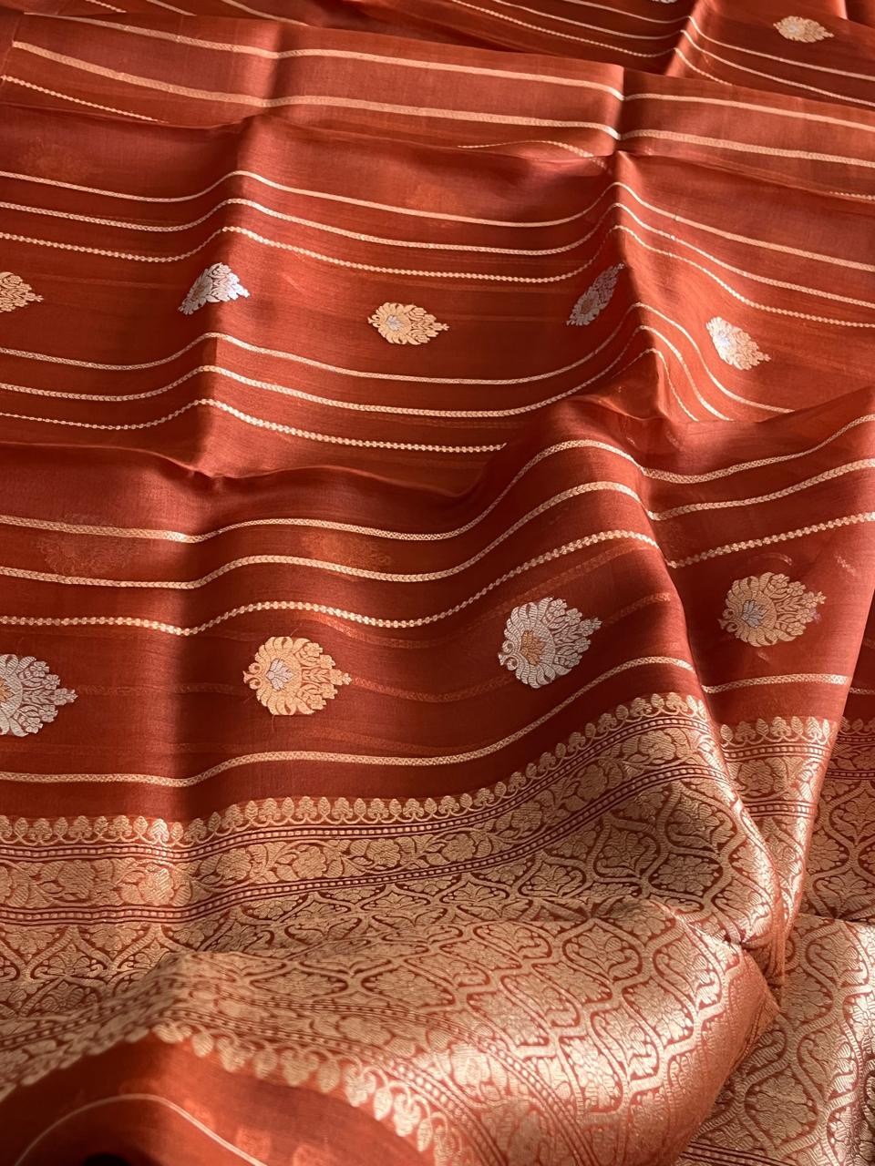 Kora Banarasi Pure Organza Handwoven Silk Saree with Kadwa Buttis - Rust
