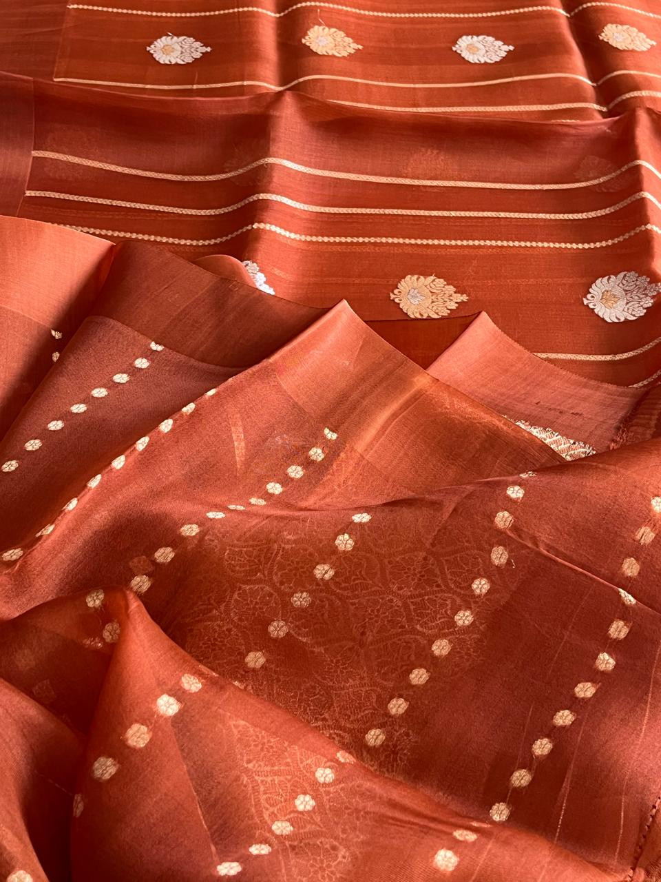 Kora Banarasi Pure Organza Handwoven Silk Saree with Kadwa Buttis - Rust