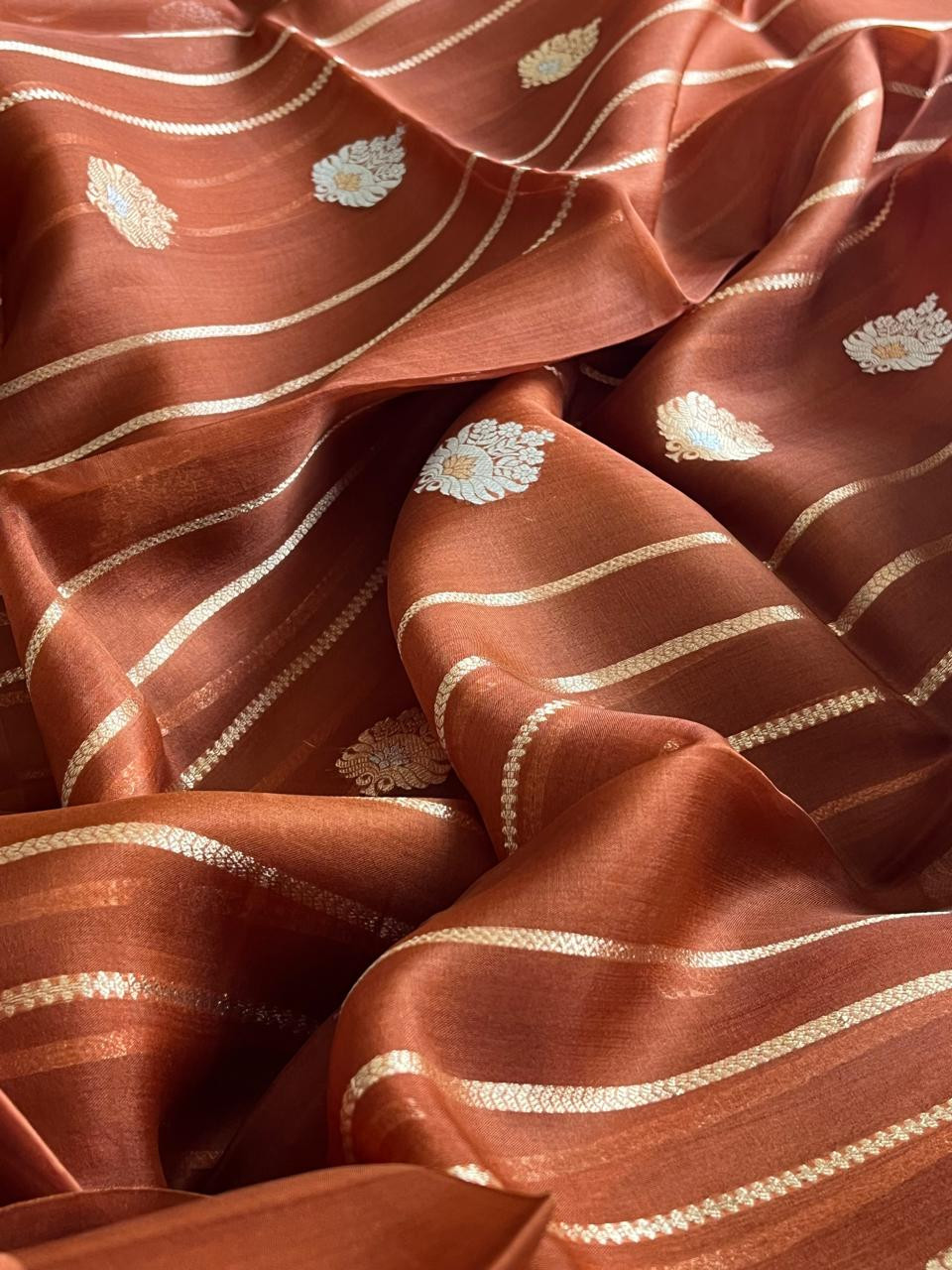 Kora Banarasi Pure Organza Handwoven Silk Saree with Kadwa Buttis - Rust