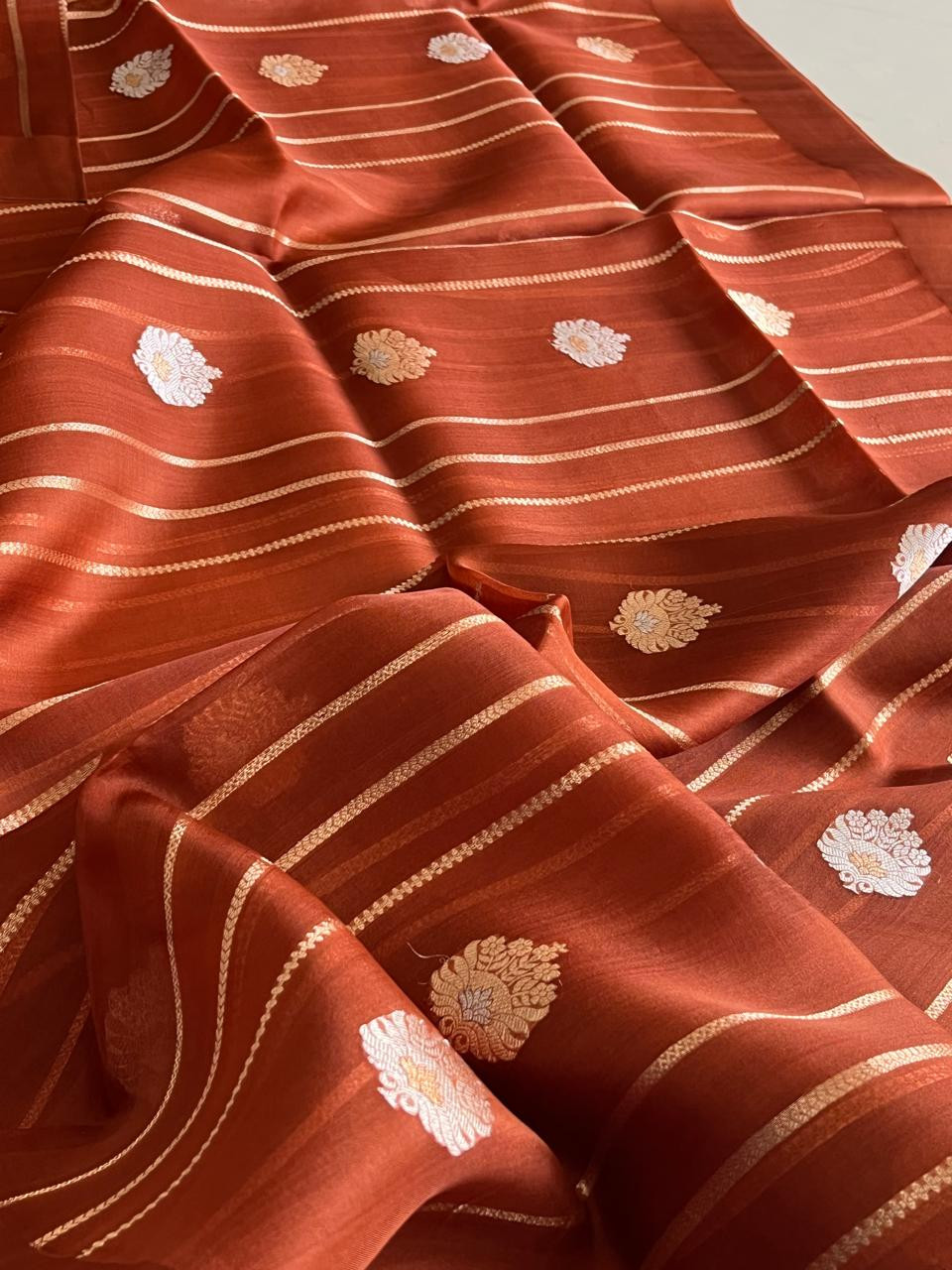 Kora Banarasi Pure Organza Handwoven Silk Saree with Kadwa Buttis - Rust