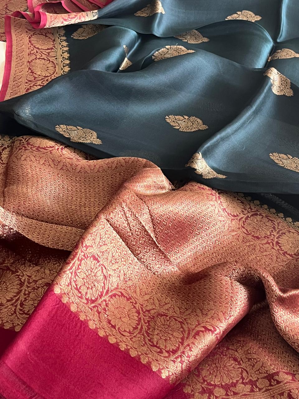 Kora Banarasi Pure Organza Handwoven Silk Saree with Kadwa Buttis - Black with Red