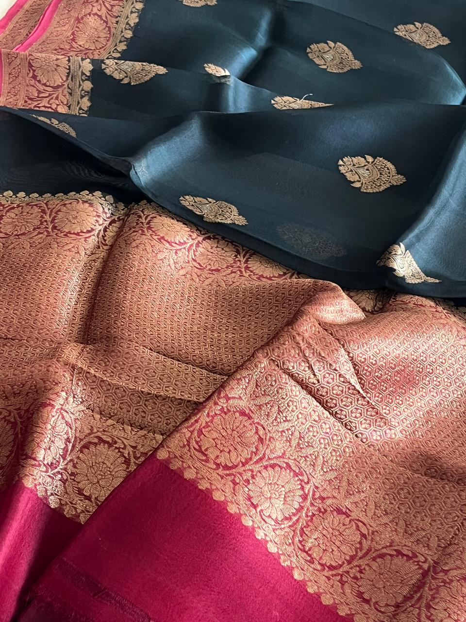 Kora Banarasi Pure Organza Handwoven Silk Saree with Kadwa Buttis - Black with Red