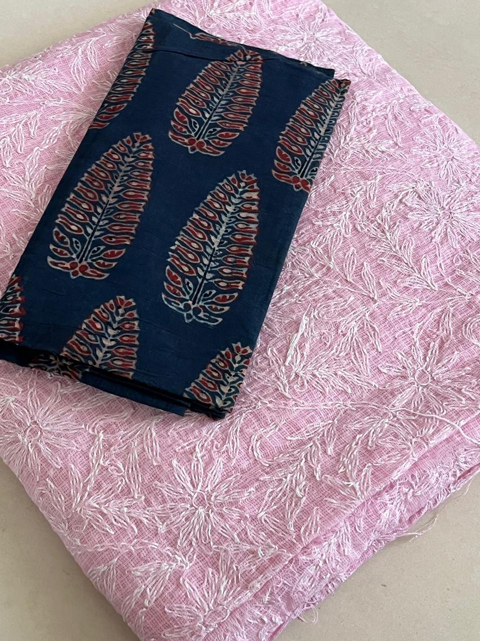 Kota Cotton Saree with Hand Tepchi Embroidery and Ajrakh blouse - Baby Pink