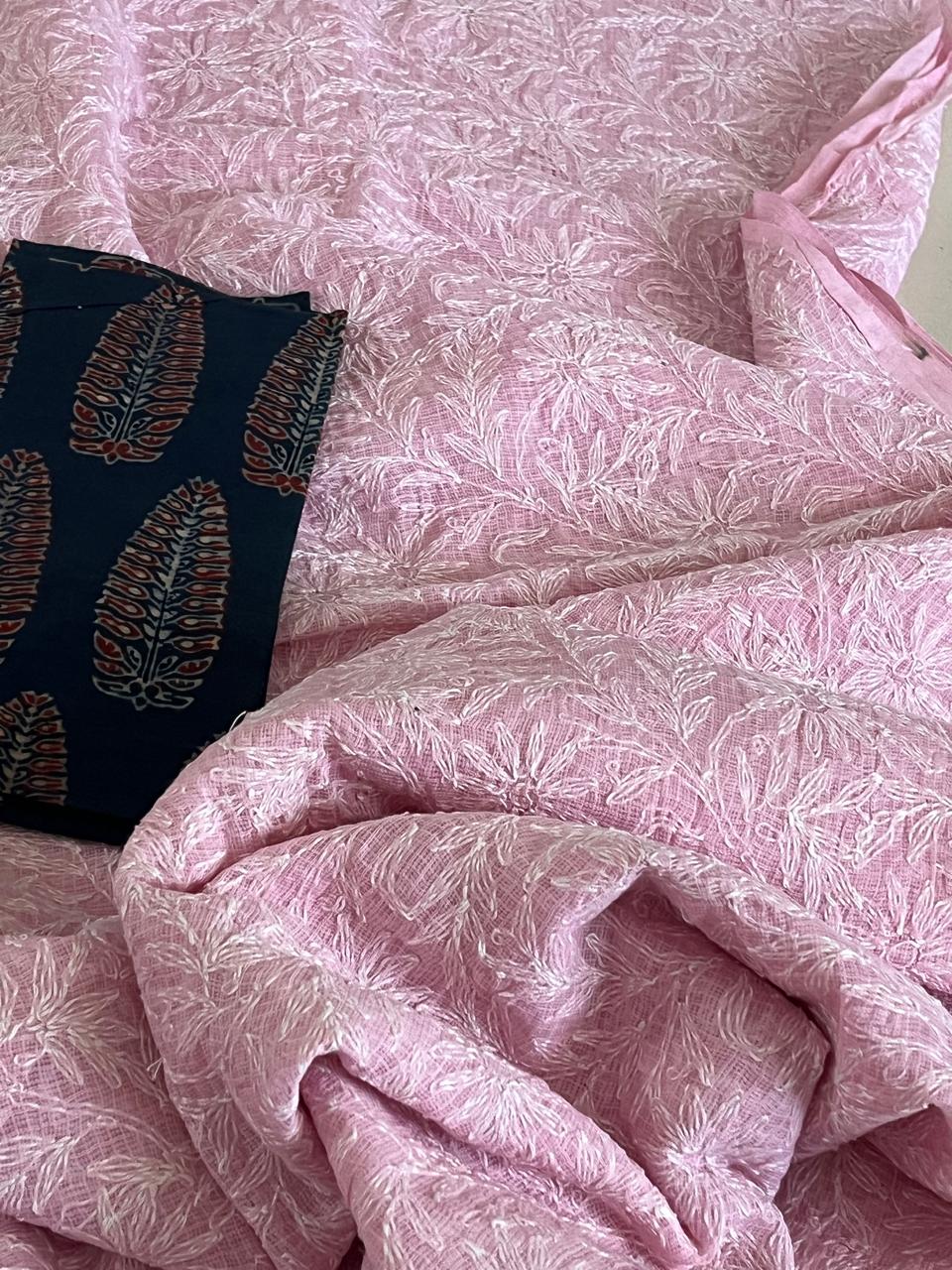Kota Cotton Saree with Hand Tepchi Embroidery and Ajrakh blouse - Baby Pink