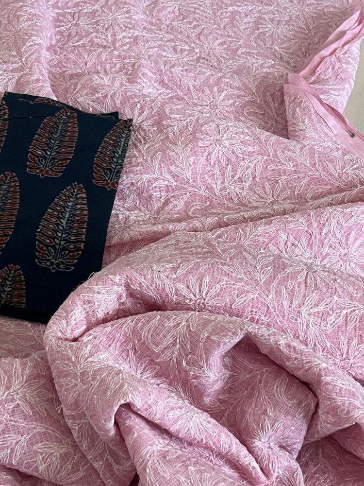 Image of Kota Cotton Saree with Hand Tepchi Embroidery and Ajrakh blouse - Baby Pink
