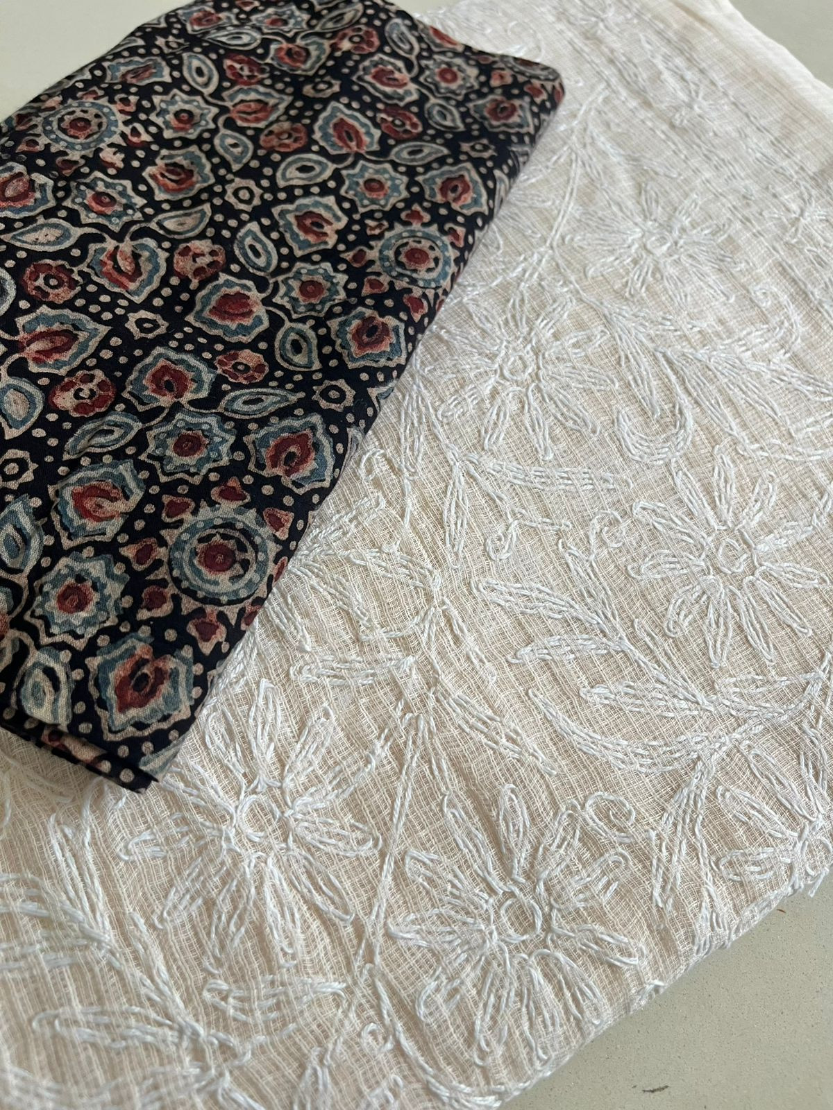 Kota Cotton Saree with Hand Tepchi Embroidery and Ajrakh blouse - Beige