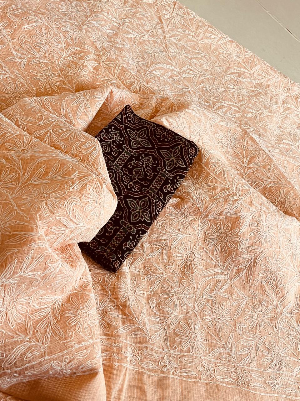 Kota Cotton Saree with Hand Tepchi Embroidery and Ajrakh blouse - Peach
