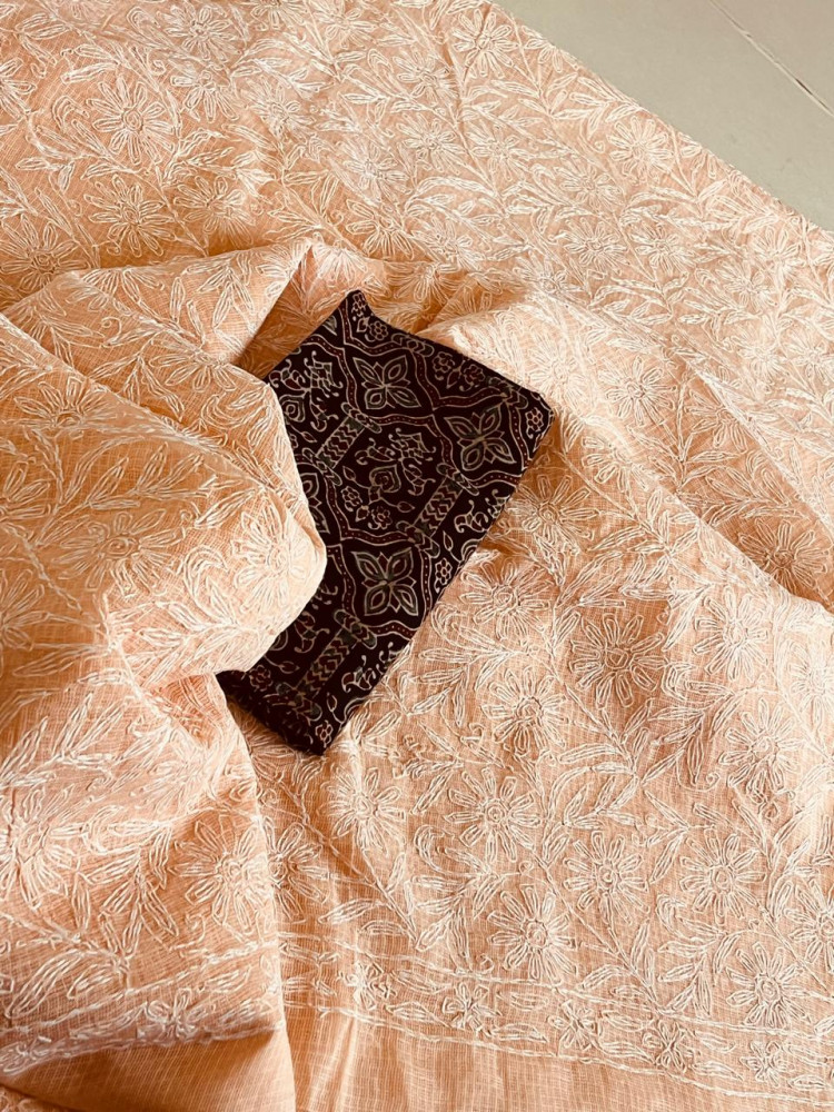 Image of Kota Cotton Saree with Hand Tepchi Embroidery and Ajrakh blouse - Peach