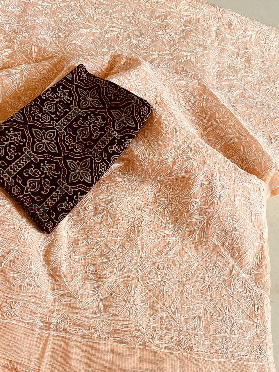 Kota Cotton Saree with Hand Tepchi Embroidery and Ajrakh blouse - Peach
