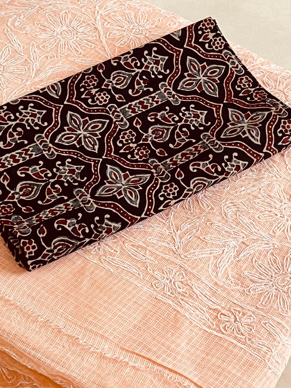 Kota Cotton Saree with Hand Tepchi Embroidery and Ajrakh blouse - Peach