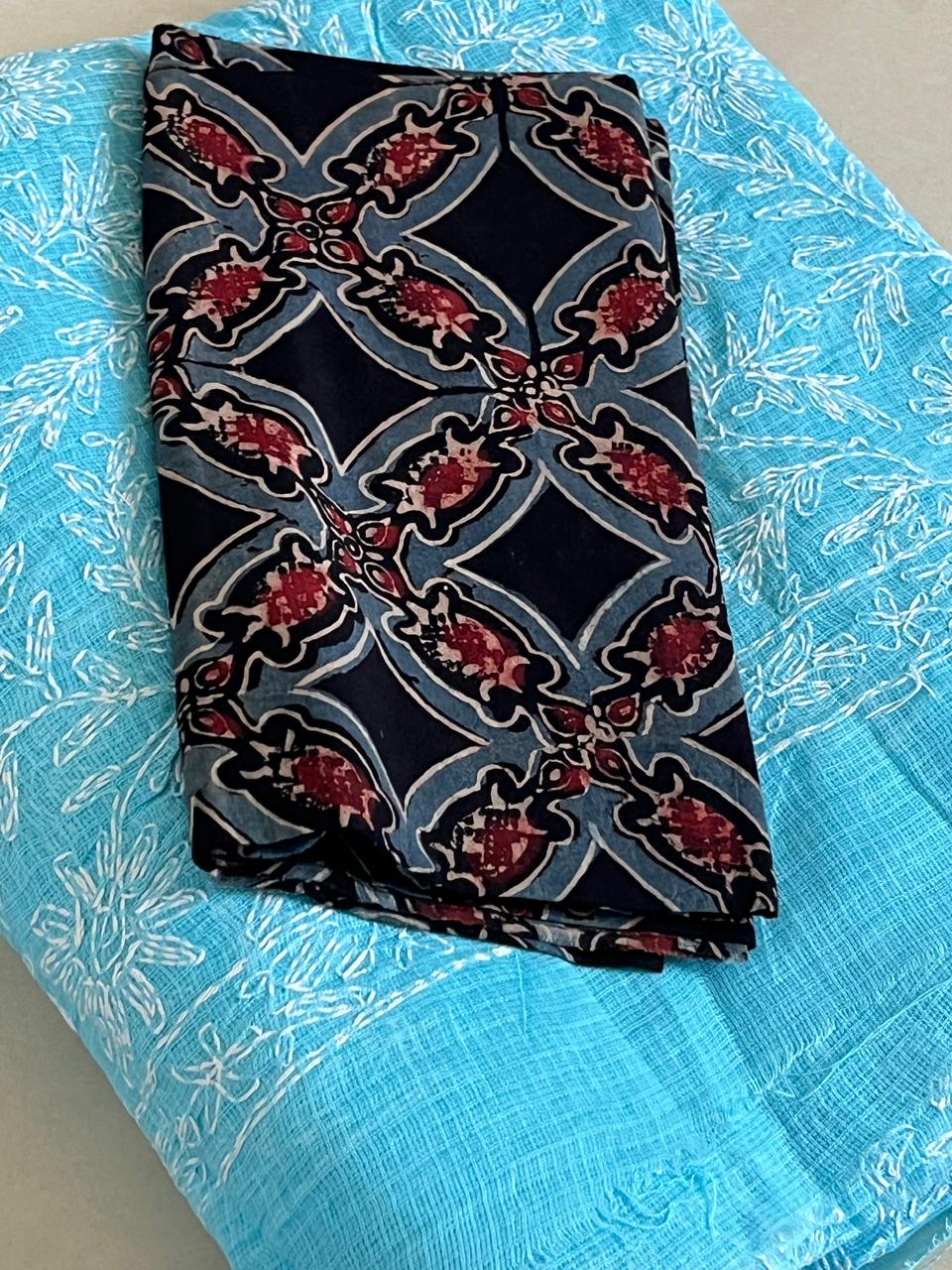 Kota Cotton Saree with Hand Tepchi Embroidery and Ajrakh blouse - Sky Blue