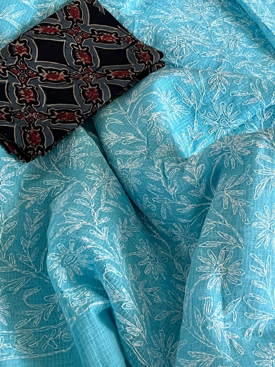 Kota Cotton Saree with Hand Tepchi Embroidery and Ajrakh blouse - Sky Blue