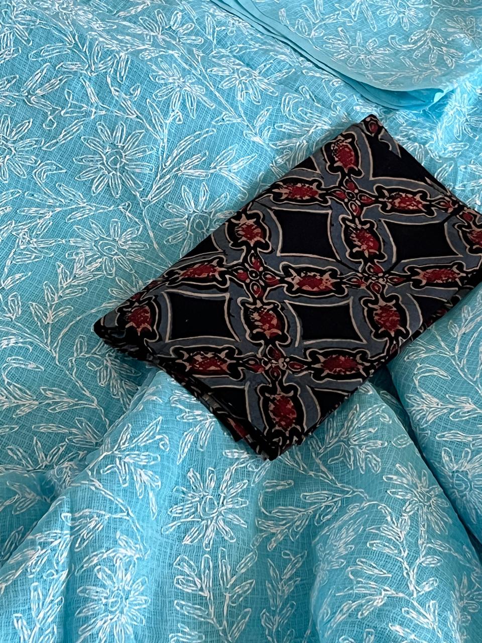 Kota Cotton Saree with Hand Tepchi Embroidery and Ajrakh blouse - Sky Blue
