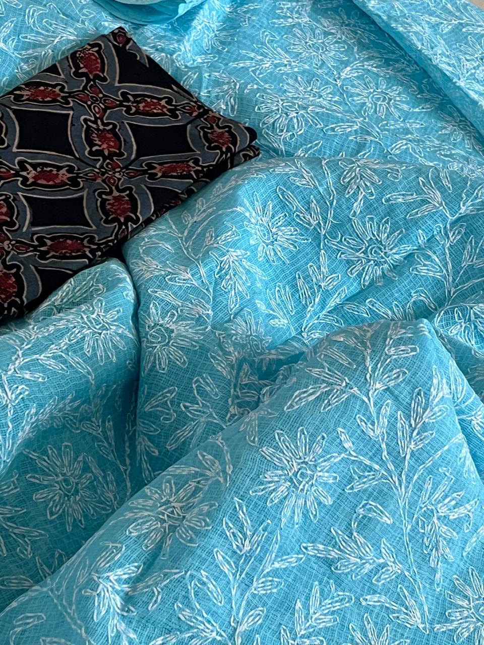 Kota Cotton Saree with Hand Tepchi Embroidery and Ajrakh blouse - Sky Blue