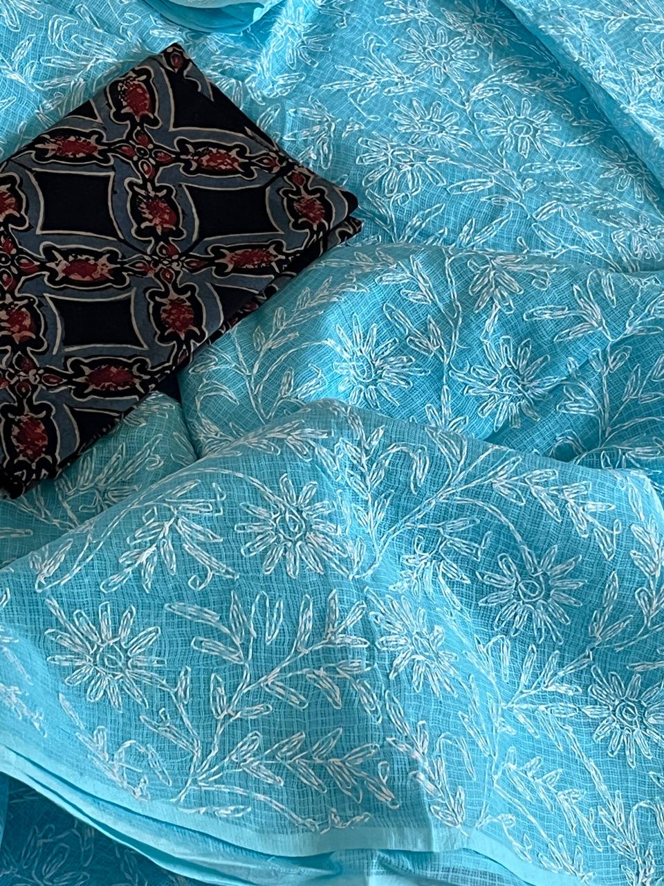 Kota Cotton Saree with Hand Tepchi Embroidery and Ajrakh blouse - Sky Blue