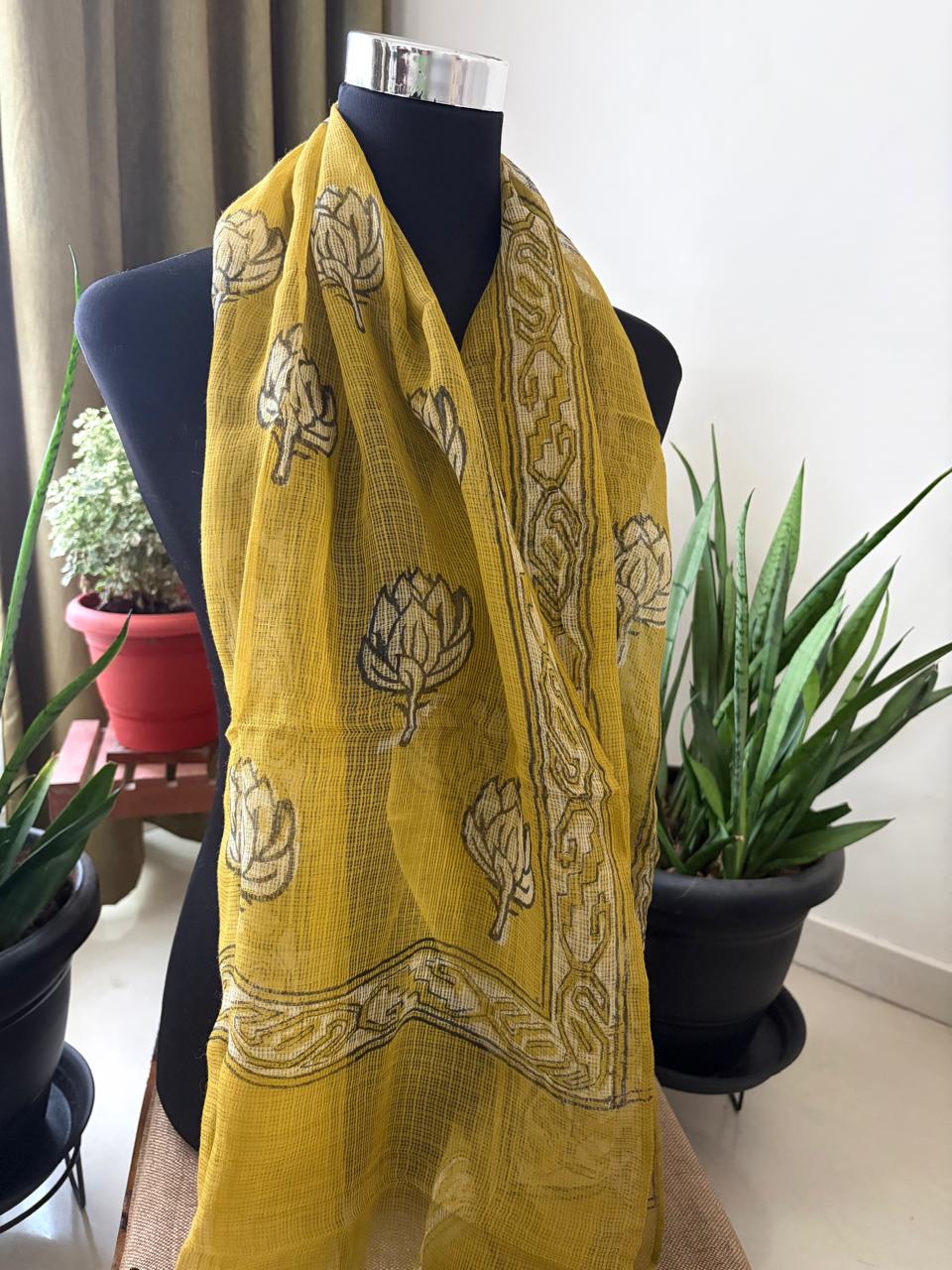 Hand Block Printed Kota Cotton Stole Soft Light Airy - Mustard Yellow