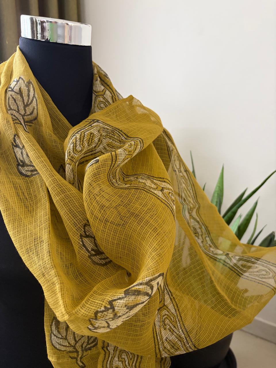 Hand Block Printed Kota Cotton Stole  Soft Light  Airy - Mustard Yellow