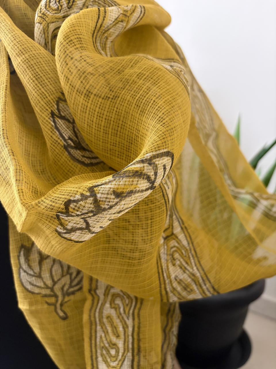 Hand Block Printed Kota Cotton Stole  Soft Light  Airy - Mustard Yellow