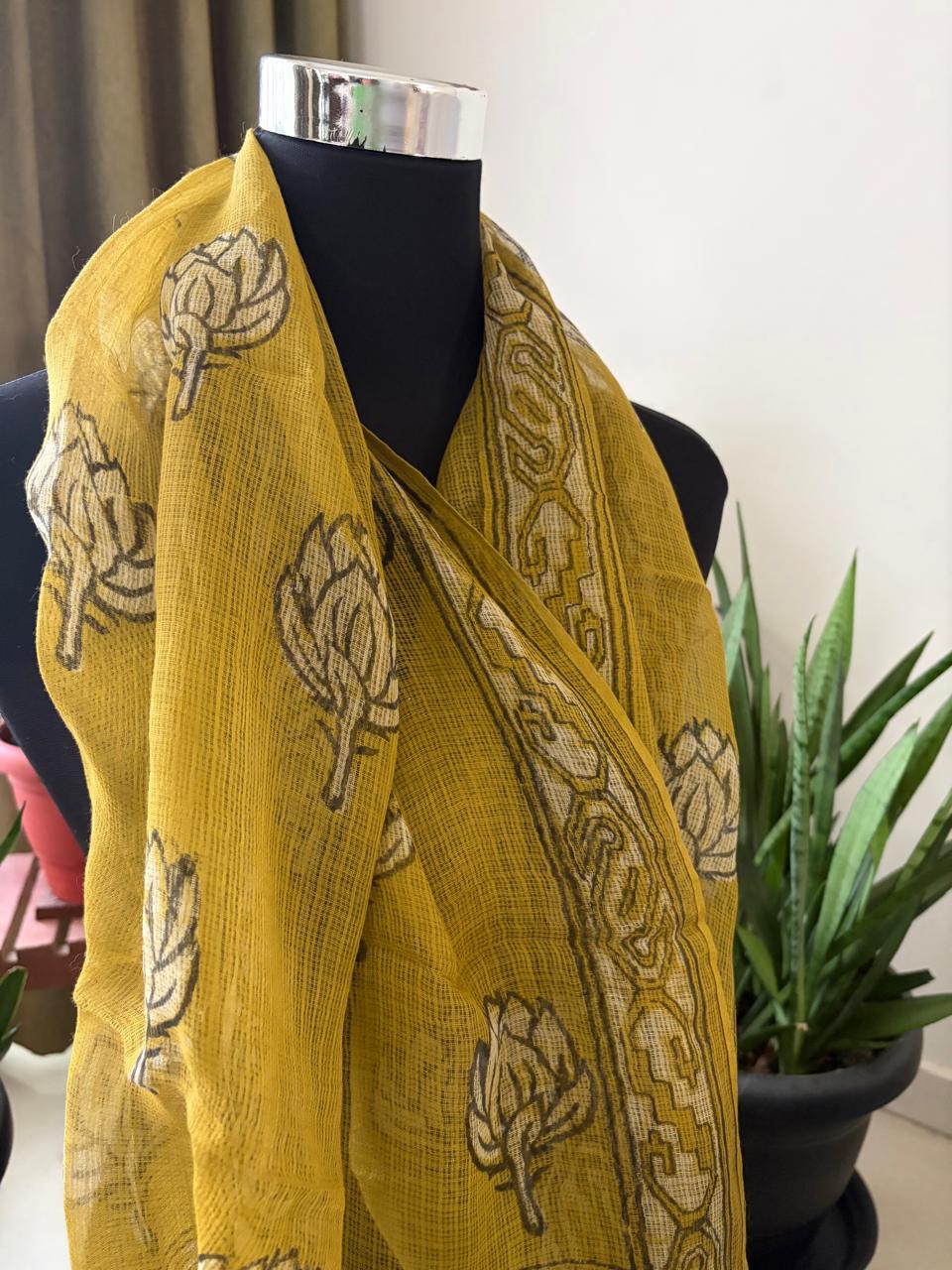 Hand Block Printed Kota Cotton Stole  Soft Light  Airy - Mustard Yellow