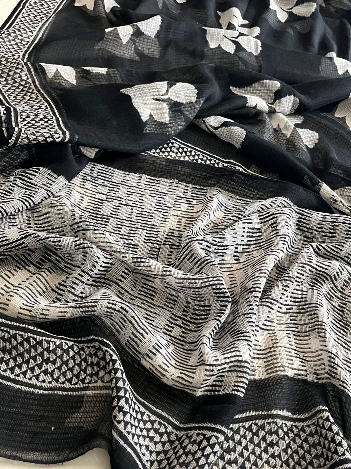 Pure Kota Cotton Saree with Dabu Handblock Print - Black  White