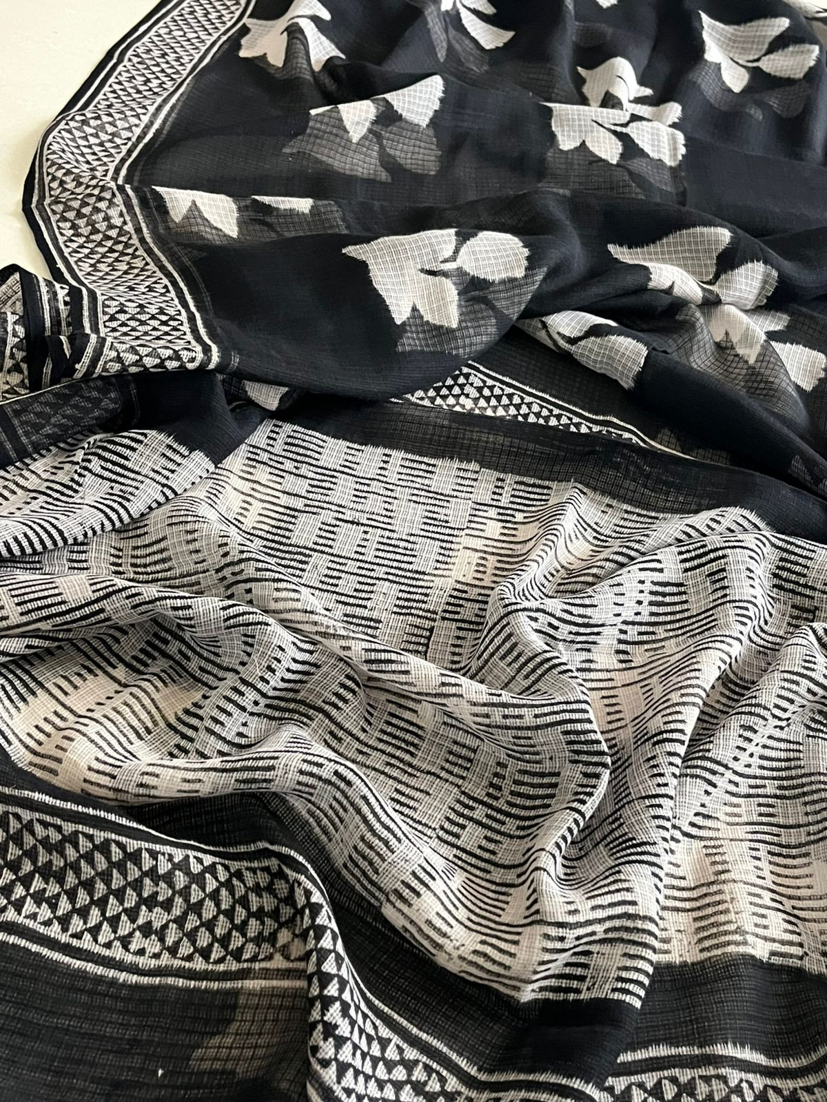 Pure Kota Cotton Saree with Dabu Handblock Print - Black White