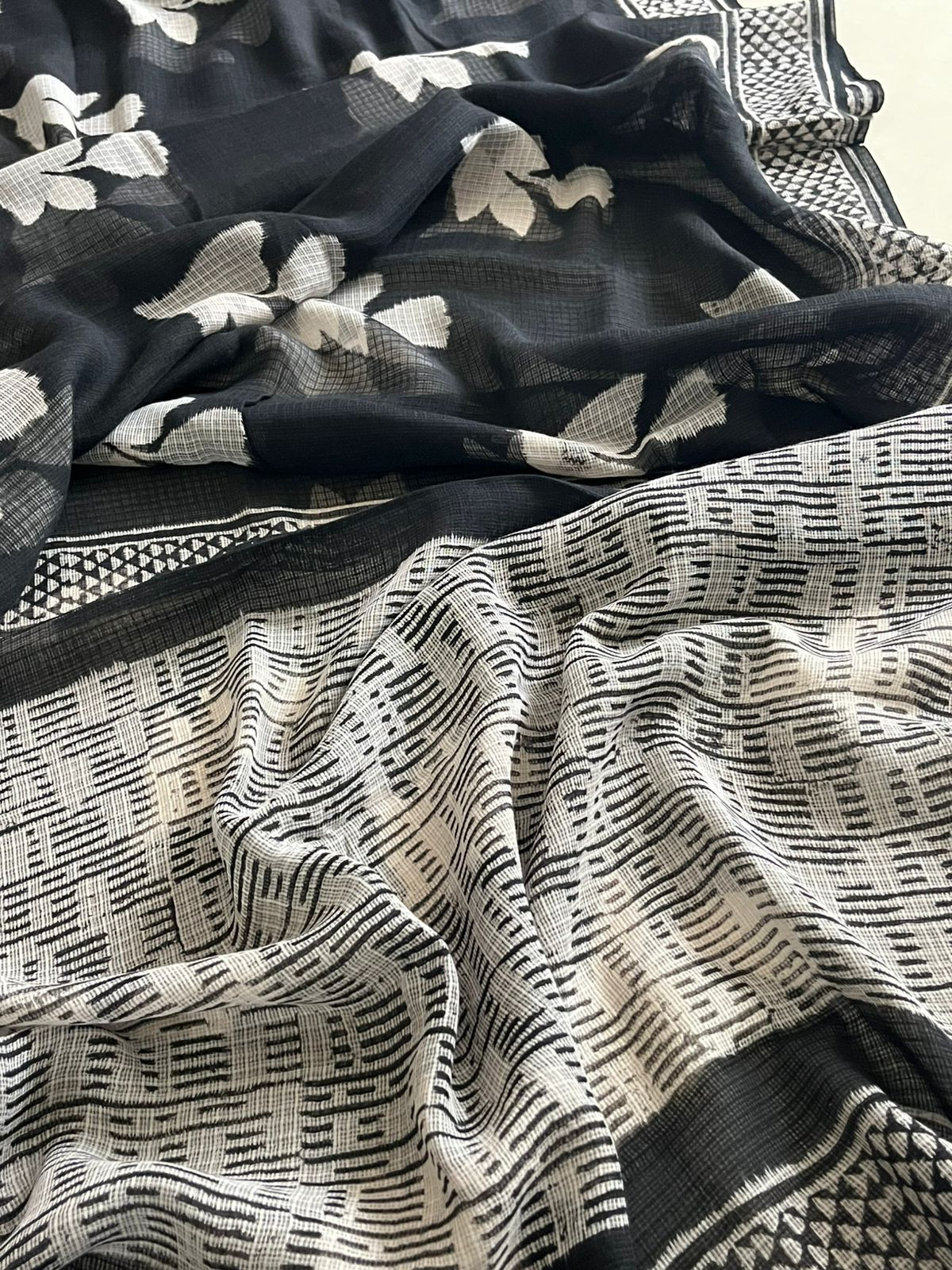 Pure Kota Cotton Saree with Dabu Handblock Print - Black  White