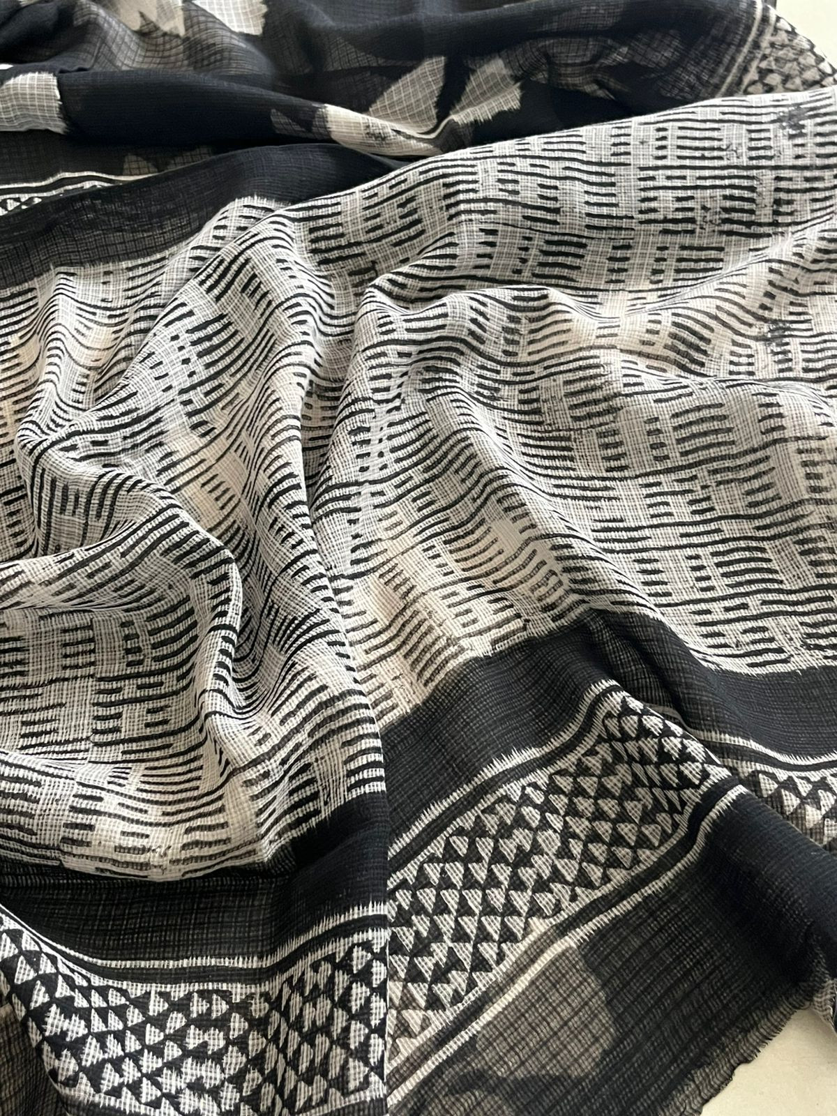 Pure Kota Cotton Saree with Dabu Handblock Print - Black White