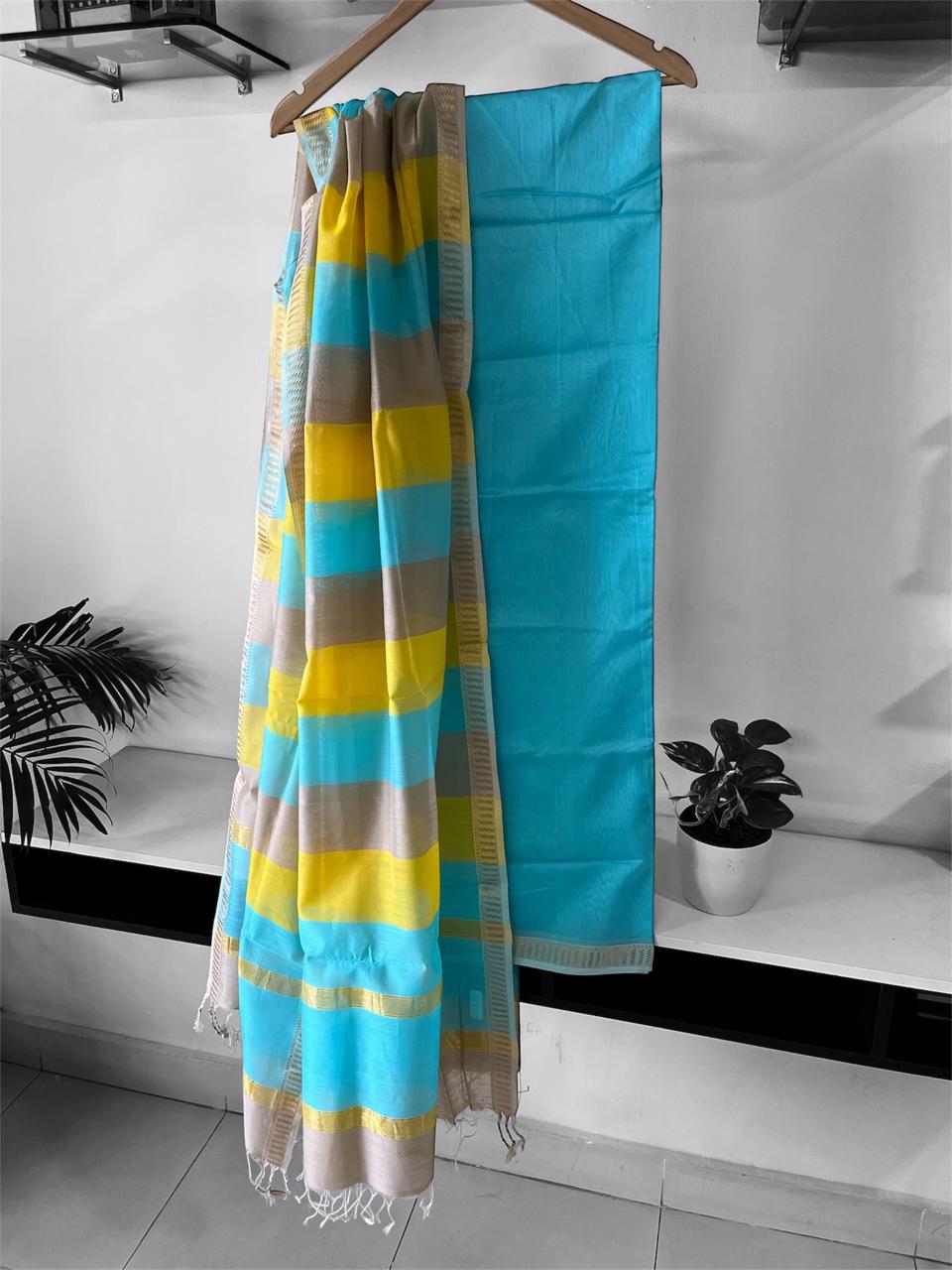 Maheshwari Handwoven Kurta Dupatta Set  Blue with Grey and Yellow with Resham Border and Striped Dupatta