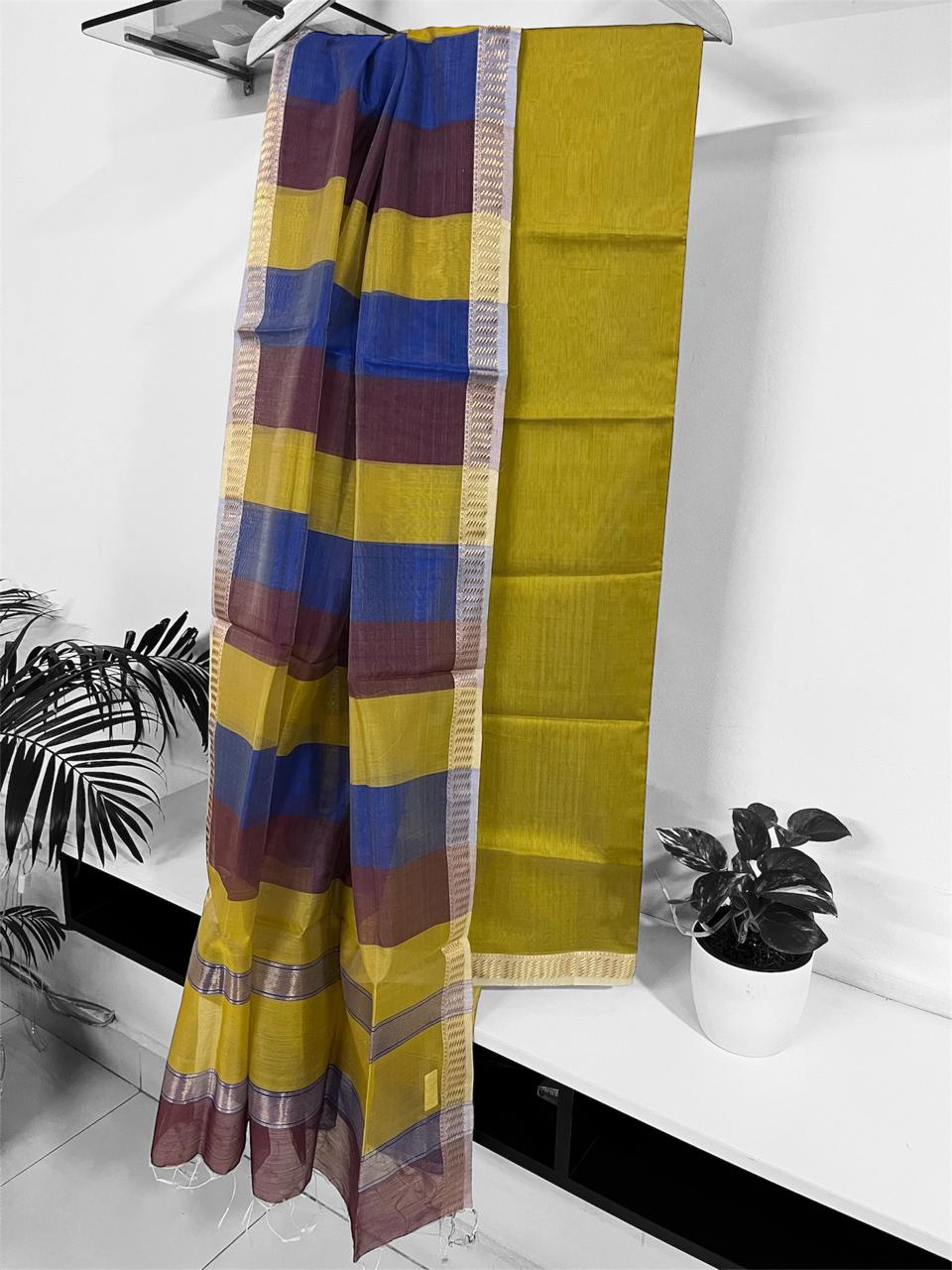 Maheshwari Handwoven Kurta Dupatta Set  Green with Brown and Blue with Resham Border and Striped Dupatta
