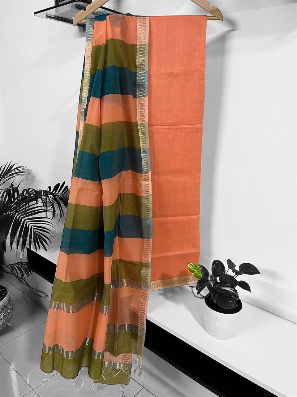 Maheshwari Handwoven Kurta Dupatta Set  Peach with Green and Blue with Resham Border and Striped Dupatta
