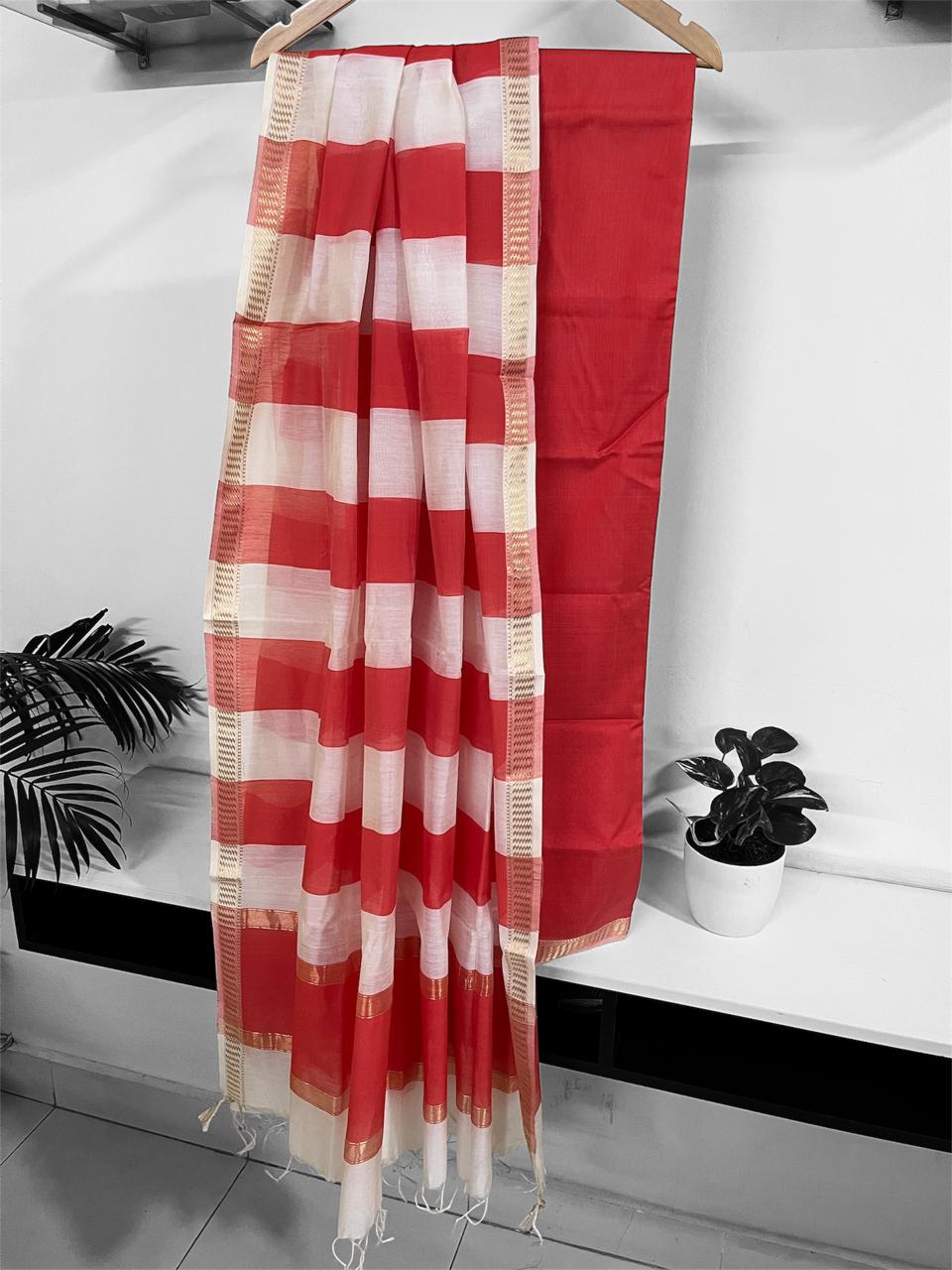 Maheshwari Handwoven Kurta Dupatta Set  Red  White with Resham Border and Striped Dupatta