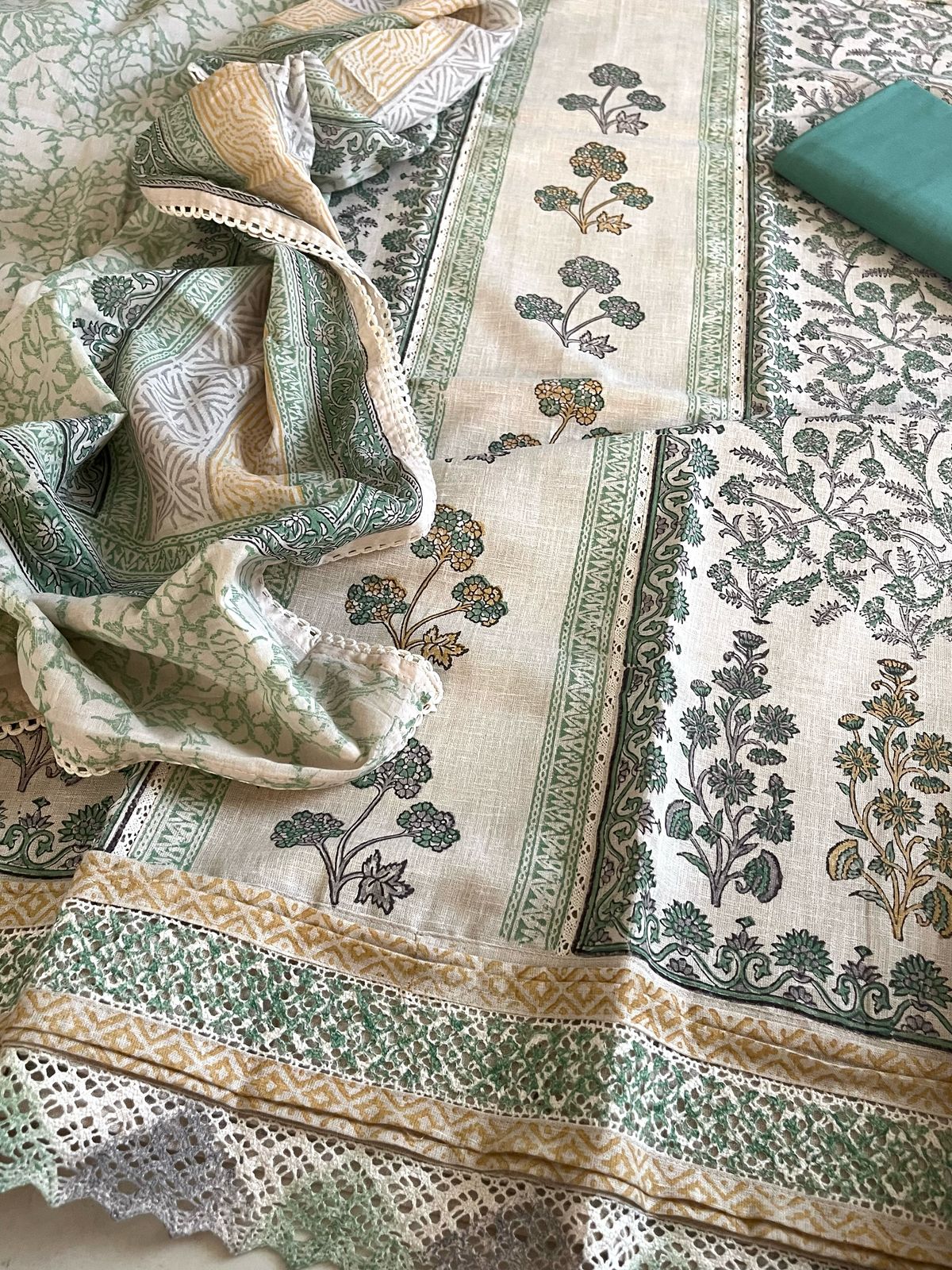 Linen Cotton Block Printed 3 piece Suit - Beige with Sea Green