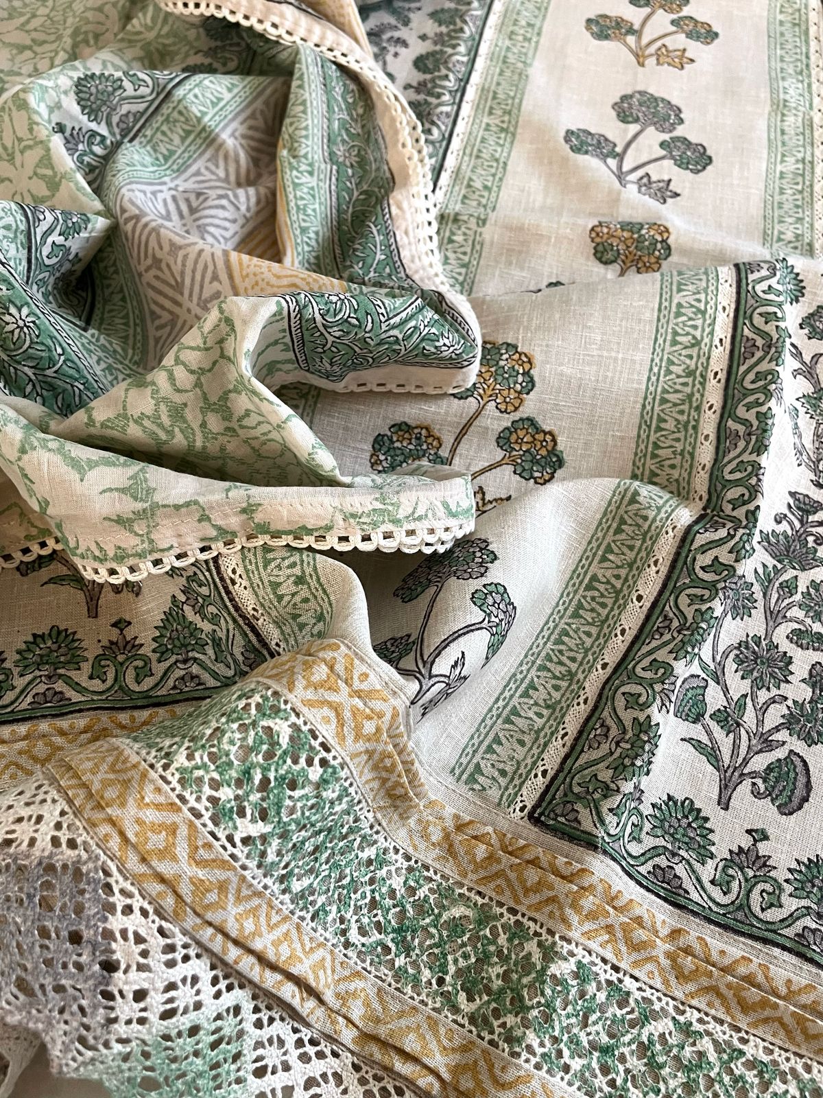 Linen Cotton Block Printed 3 piece Suit - Beige with Sea Green