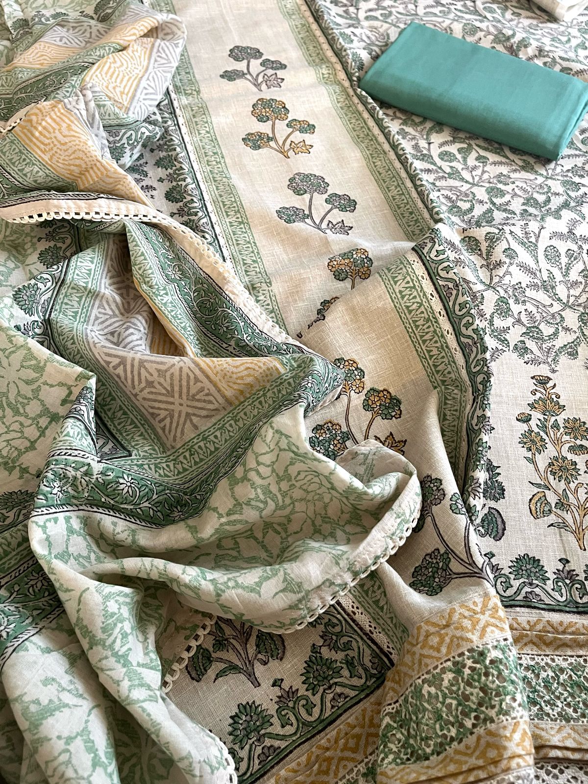 Linen Cotton Block Printed 3 piece Suit - Beige with Sea Green