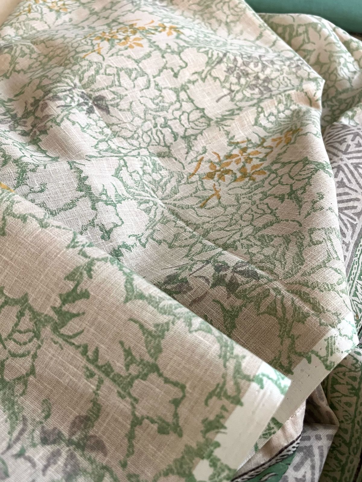 Linen Cotton Block Printed 3 piece Suit - Beige with Sea Green