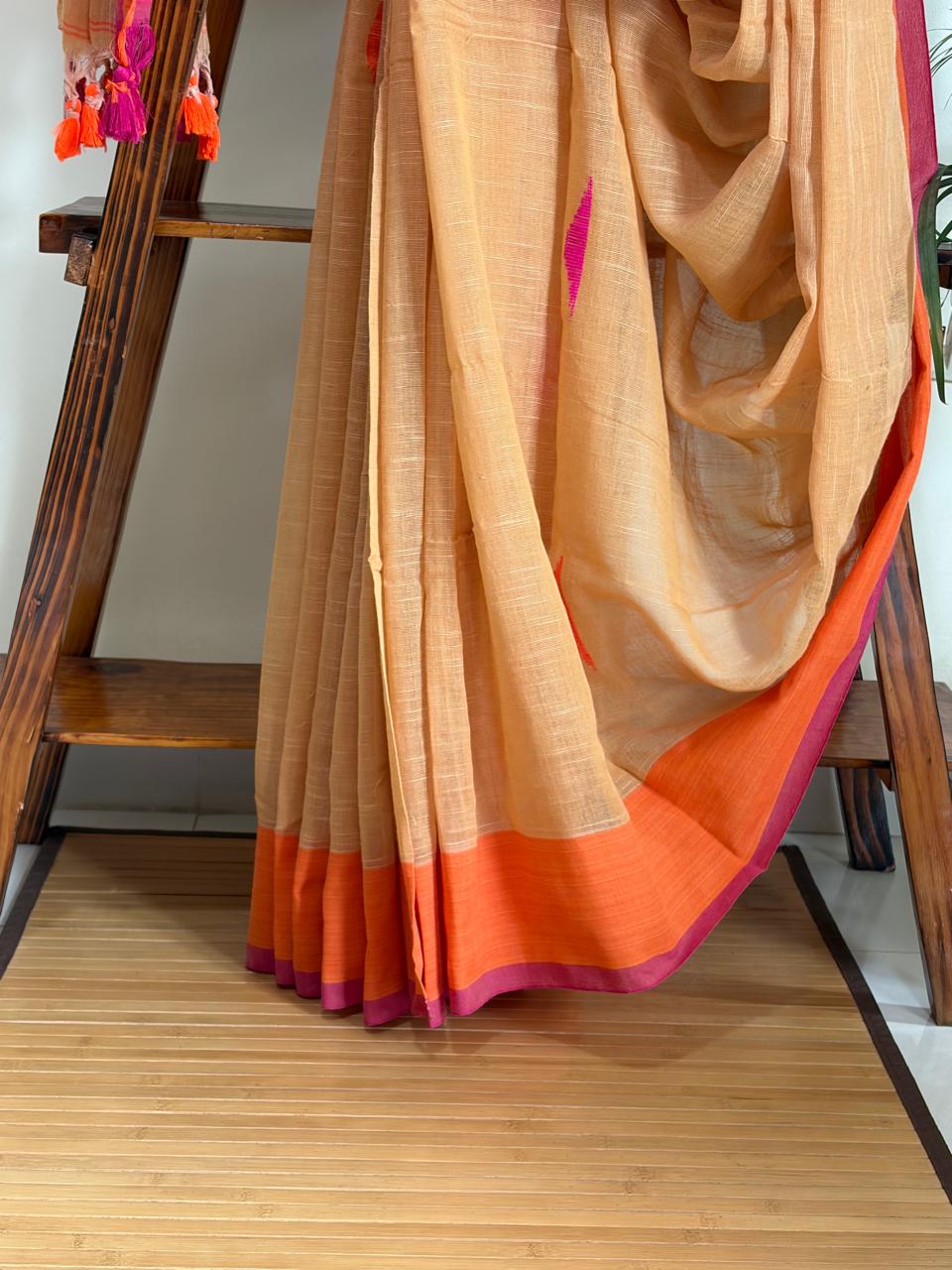Linen Cotton Handloom Saree - Peachish Beige