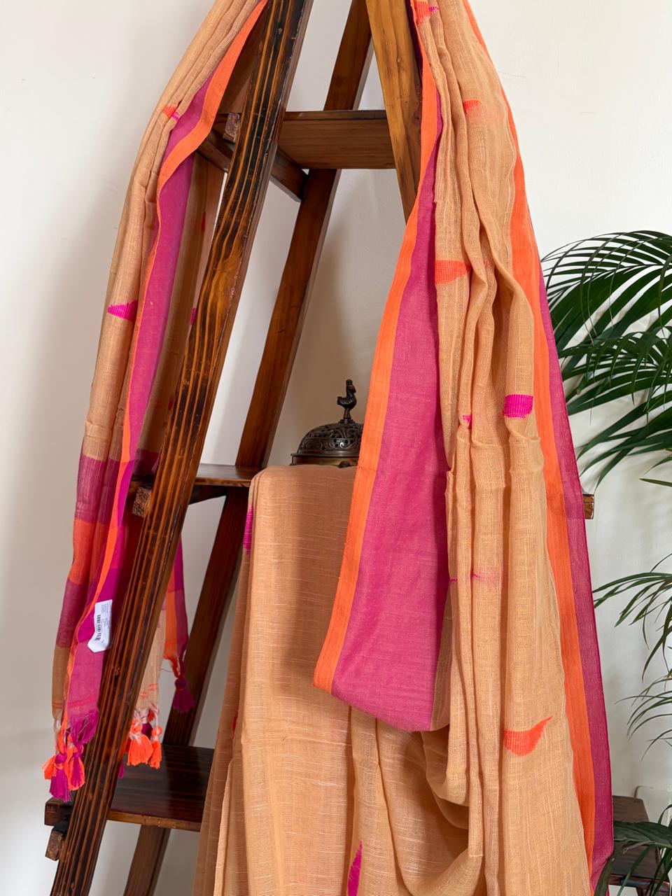 Linen Cotton Handloom Saree - Peachish Beige