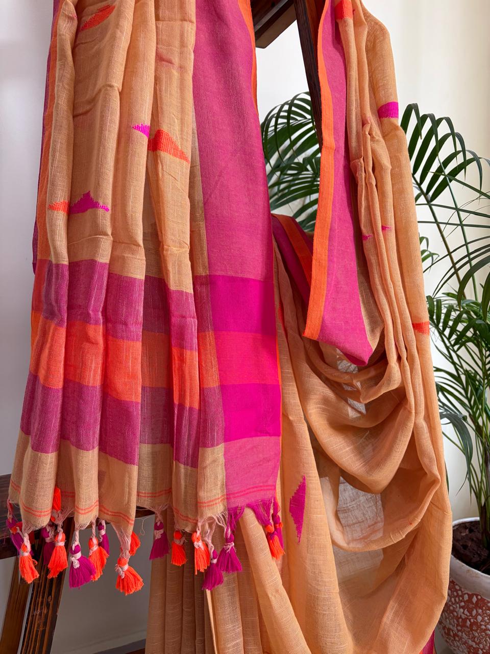 Linen Cotton Handloom Saree - Peachish Beige