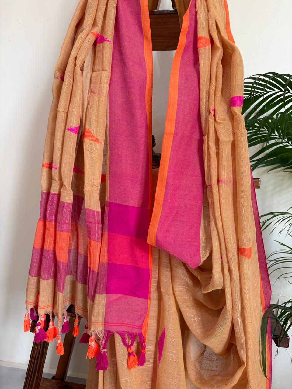 Linen Cotton Handloom Saree - Peachish Beige