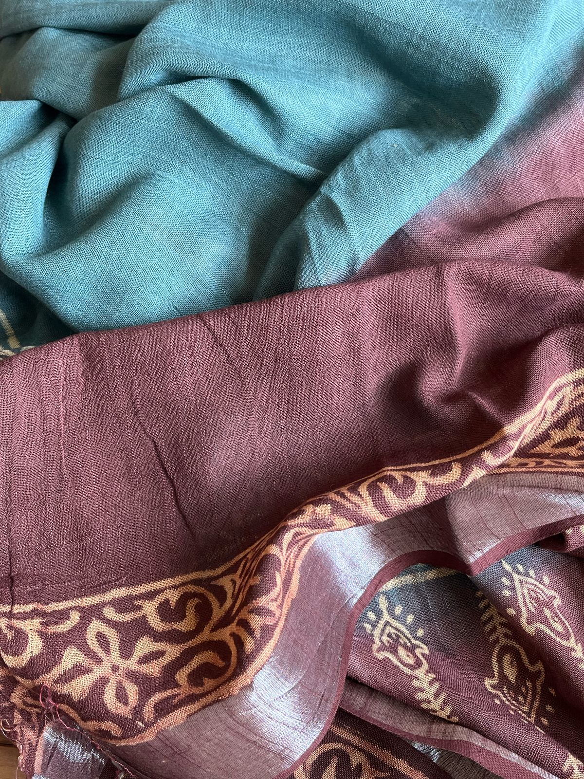 Linen Cotton Handblock Printed Saree - Teal With Brown
