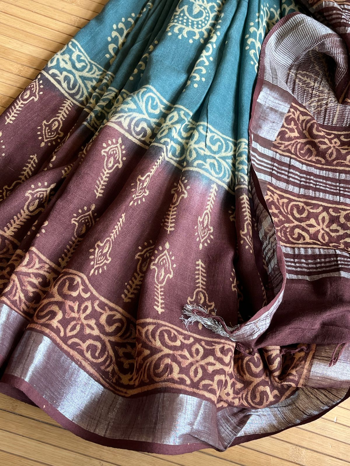 Linen Cotton Handblock Printed Saree - Teal With Brown