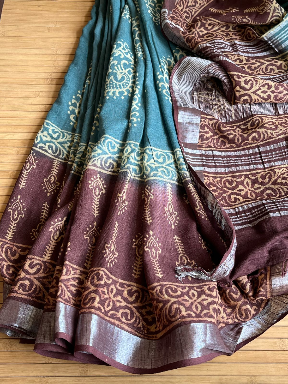 Linen Cotton Handblock Printed Saree - Teal With Brown