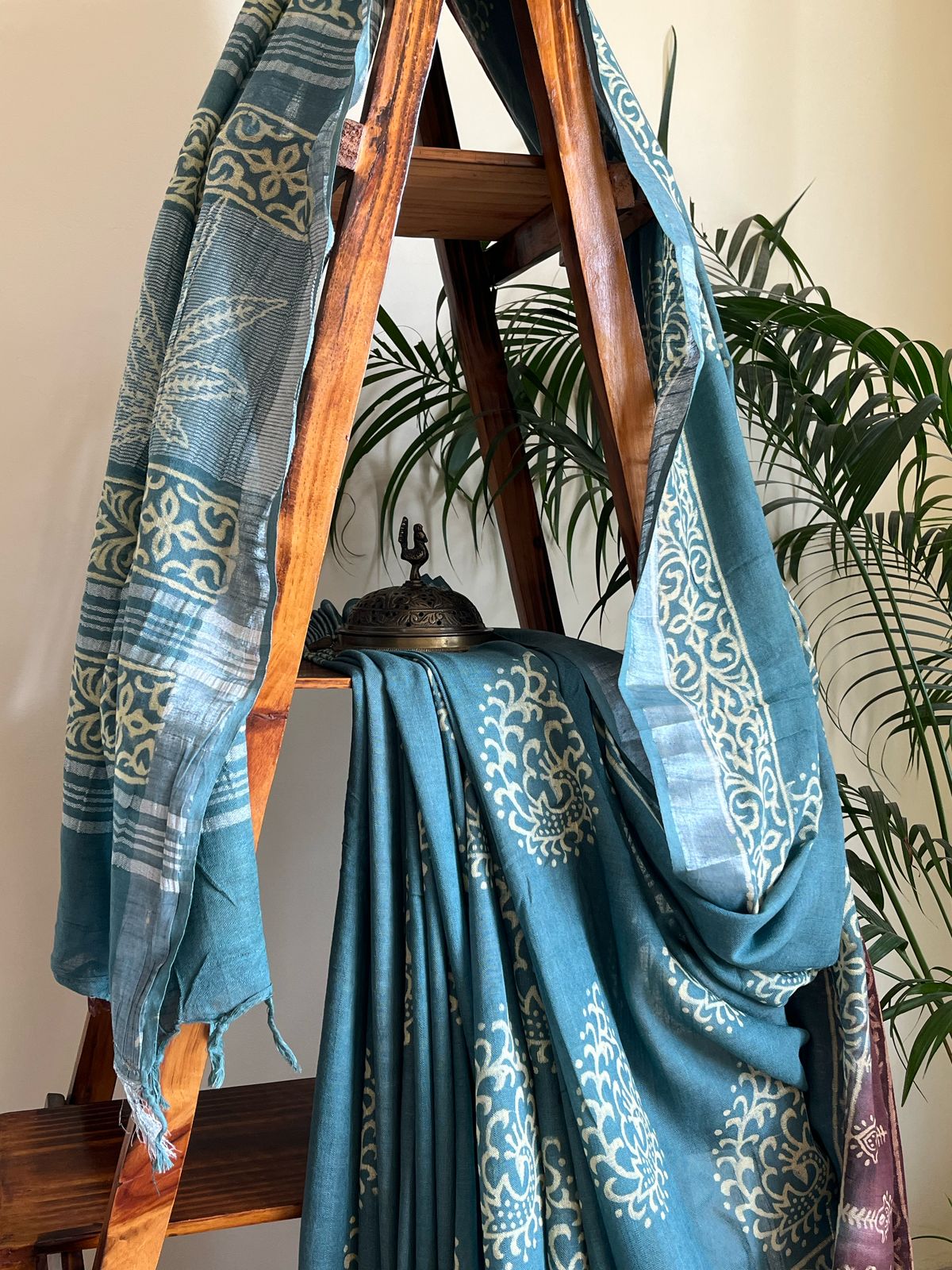 Linen Cotton Handblock Printed Saree - Teal With Brown
