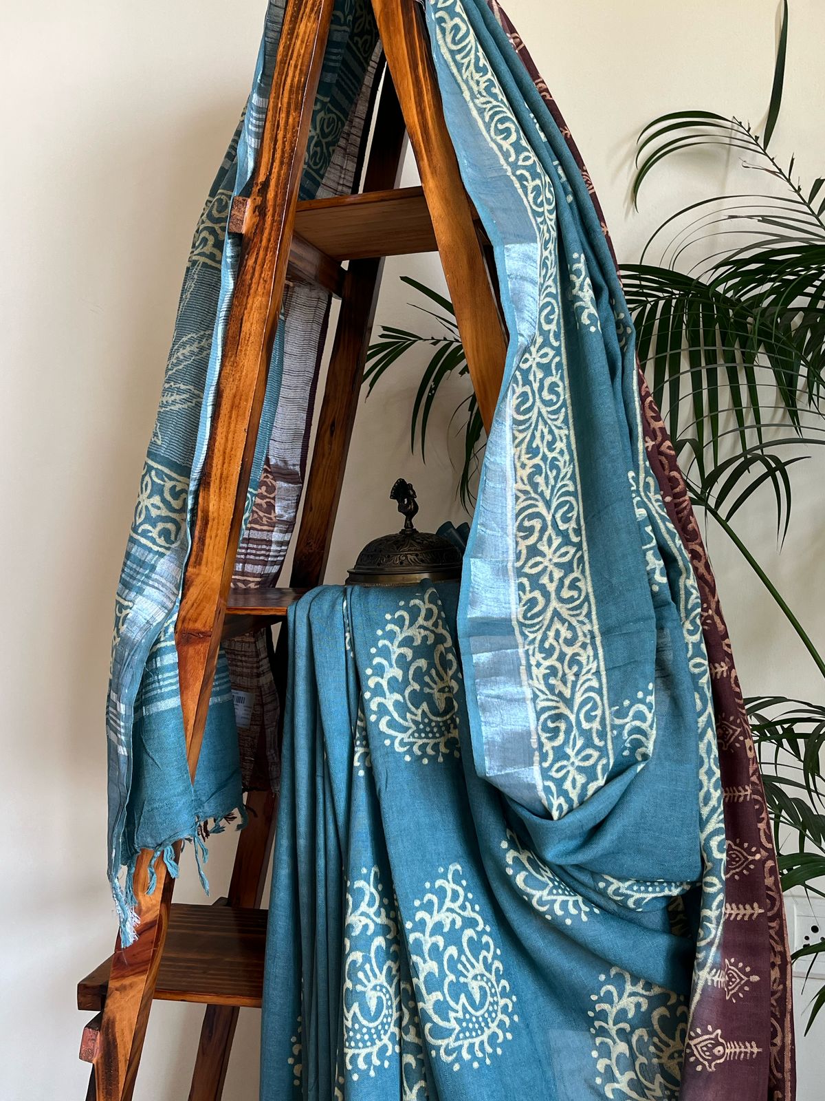 Linen Cotton Handblock Printed Saree - Teal With Brown