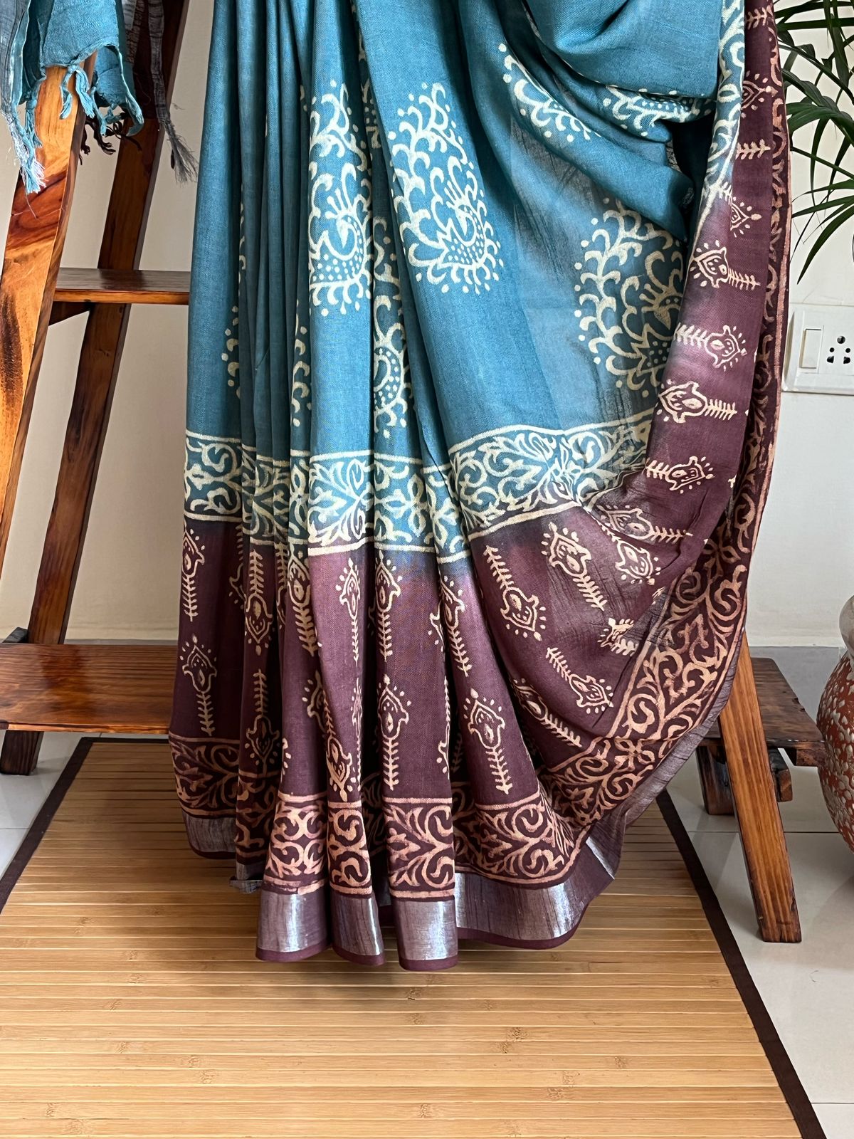 Linen Cotton Handblock Printed Saree - Teal With Brown