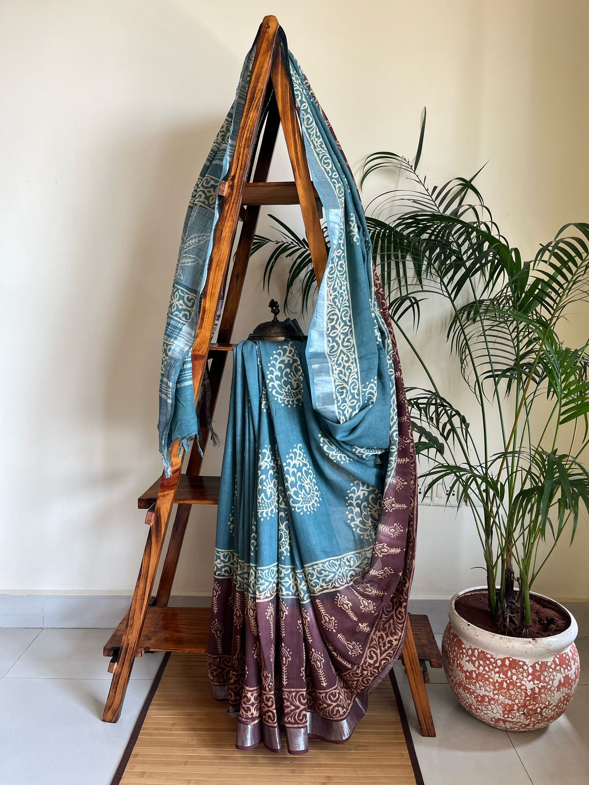 Linen Cotton Handblock Printed Saree - Teal With Brown