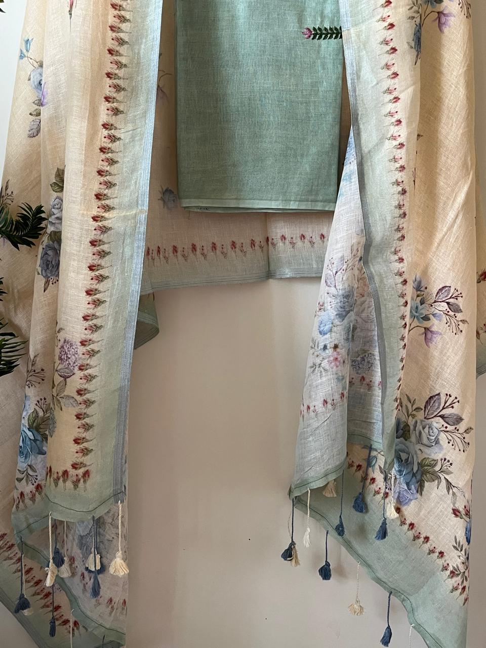 Linen Embroidered Suits -Aqua Sea Green