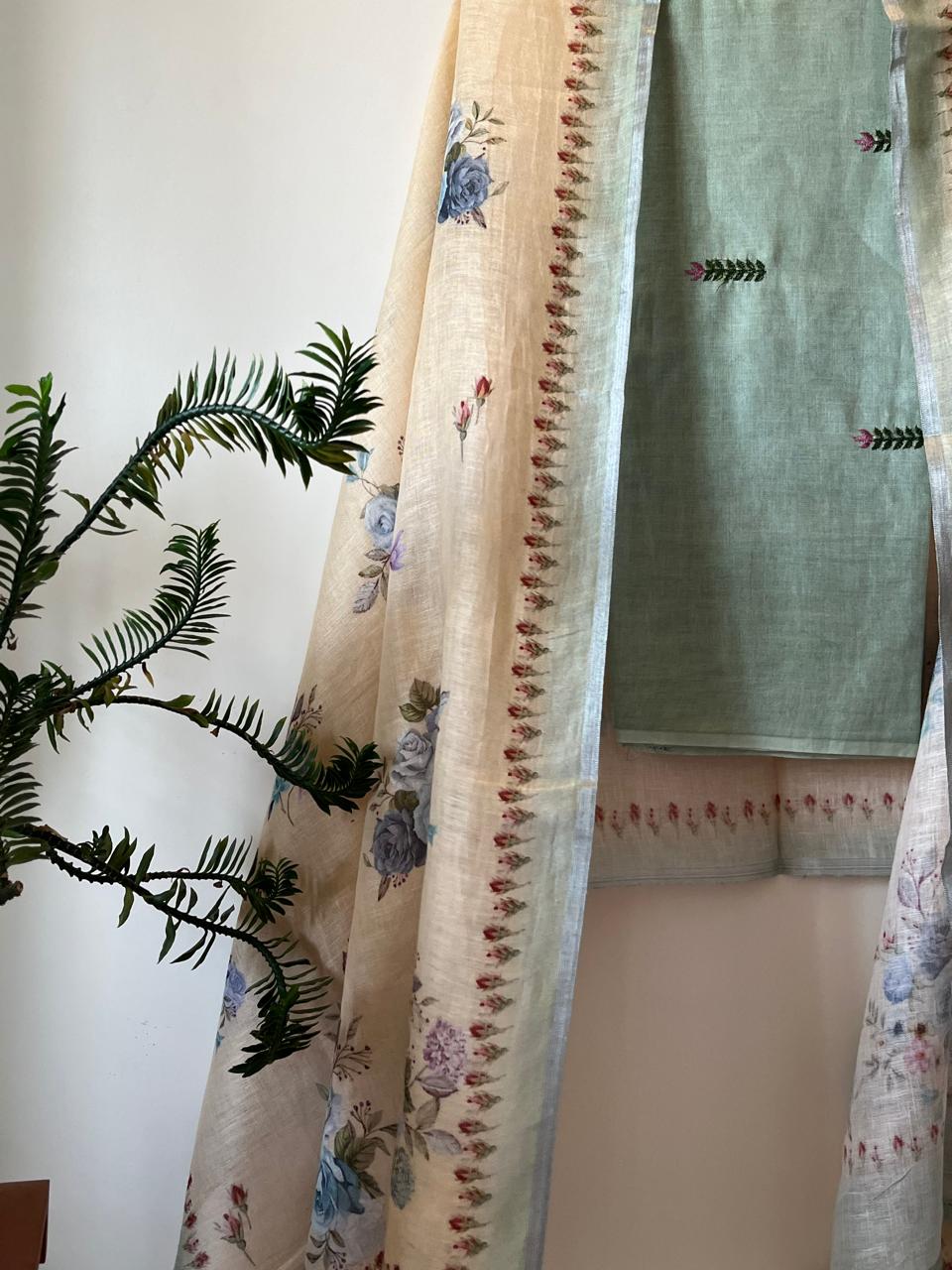 Linen Embroidered Suits -Aqua Sea Green