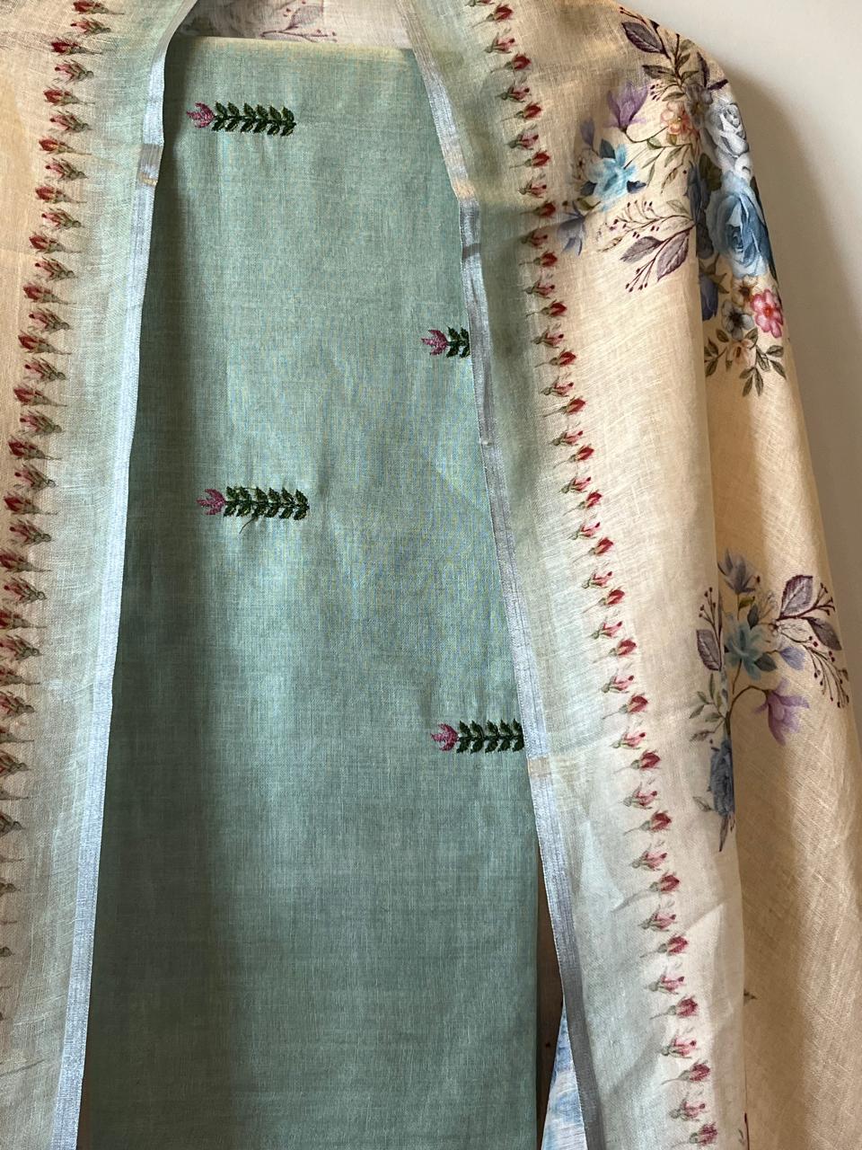 Linen Embroidered Suits -Aqua Sea Green