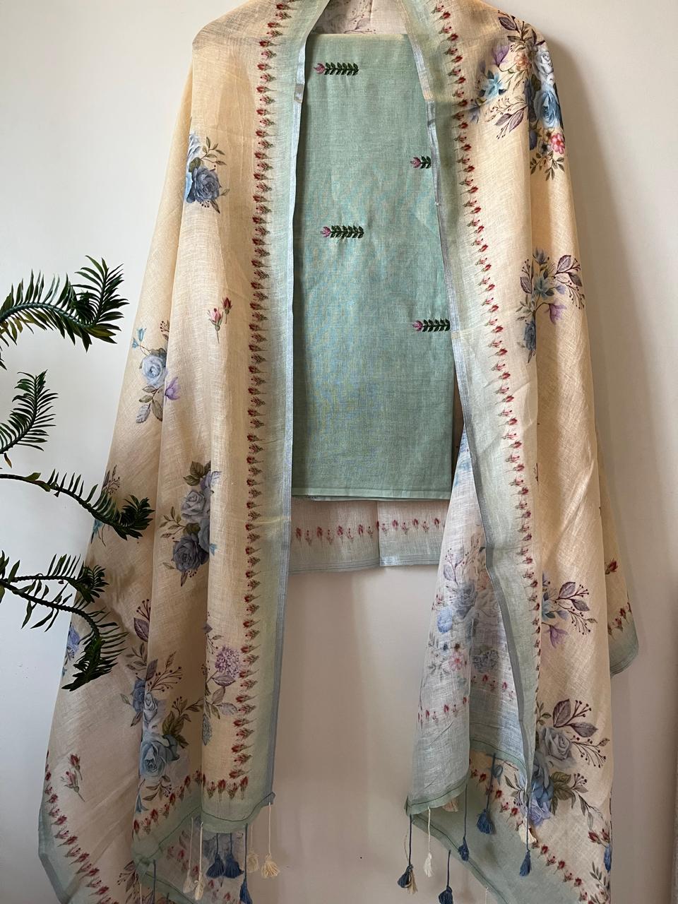 Linen Embroidered Suits -Aqua Sea Green